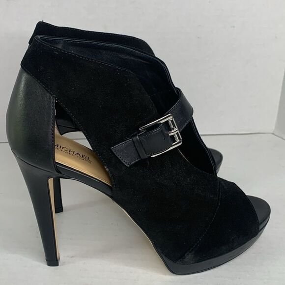 Michael Kors Isabella black suede leather peep toe heeled ankle booties NWOT - Picture 3 of 11